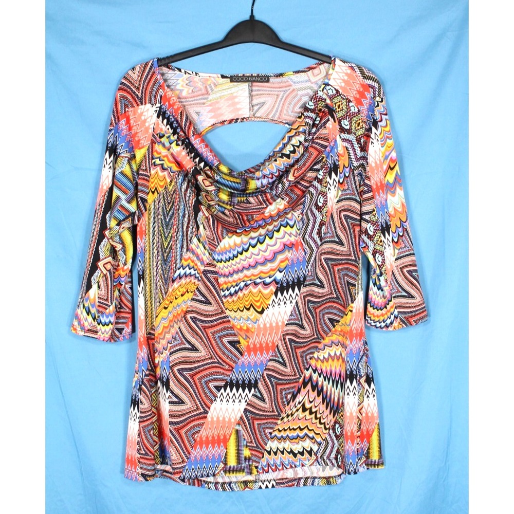 COCO BIANCO Colorful RETRO 70'S PRINT Drape Neck CUT-OUT BACK Knit BLOUSE/TOP M
